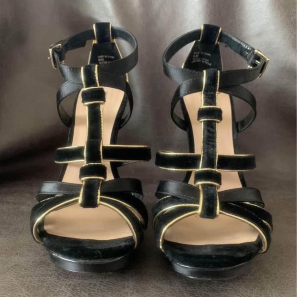 Halston black velvet and gold high heel shoes
